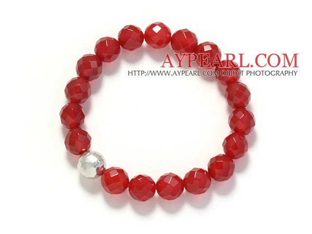 Α Βαθμού Πολύπλευρη 10 χιλιοστά Red Carnelian και Silver σφαιρίδιο Stretch βραχιόλι βαρύ βραχιόλι