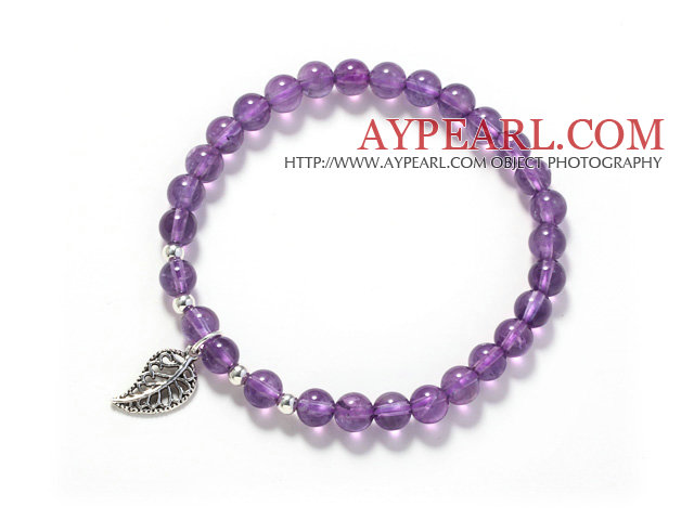 Rund 6mm Amethyst und Silver Leaf Zubehör Stretch-Armband