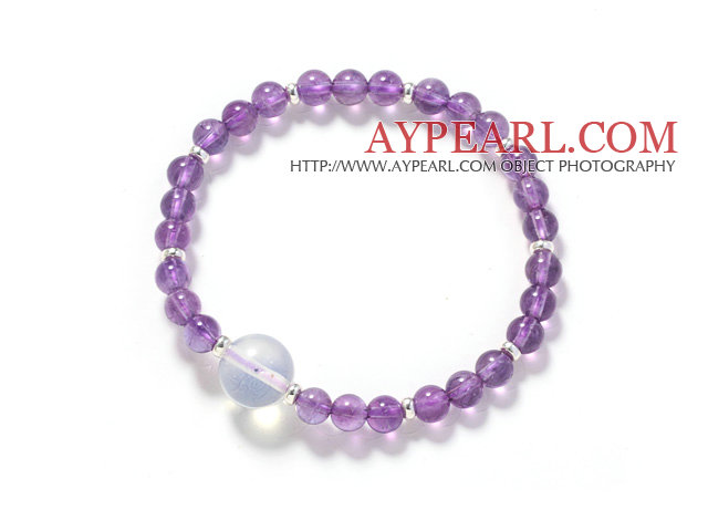 Round Amethyst and Opal Crystal Stretch Bangle Bracelet