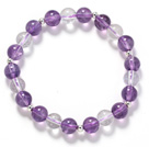 Assorted 8mm Round Amethyst and Clear Crystal Beaded Stretch Bangle Bracelet