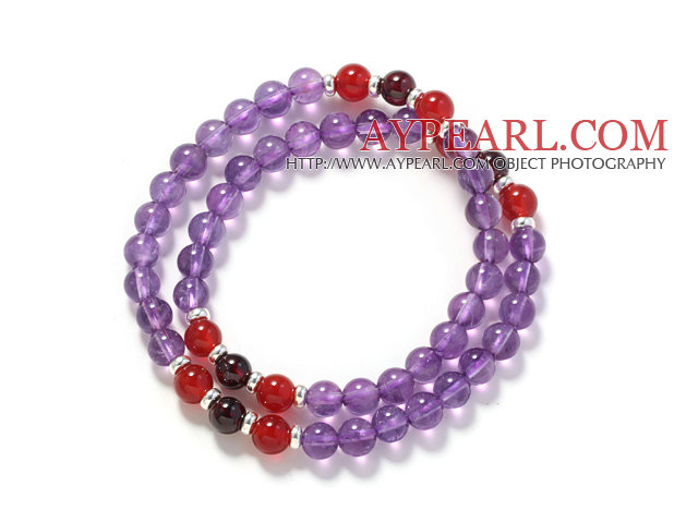 Deux rangées assorties 6mm Amesthyst ronde et cornaline et bracelet extensible Garnet