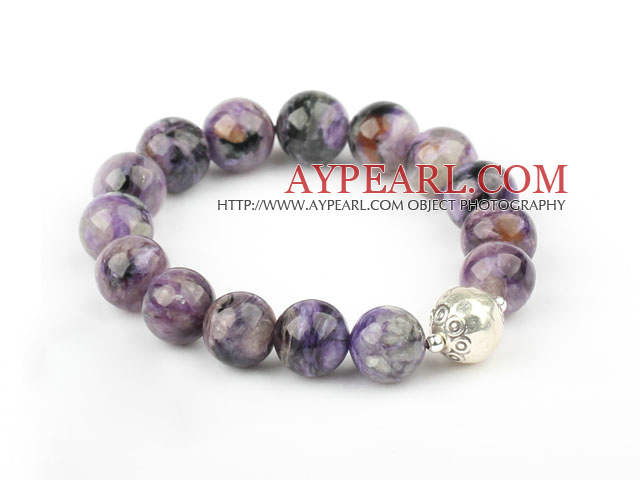 12mm Round Natural Charoite Elastic Bangle Bracelet with Sterling Silver Beads