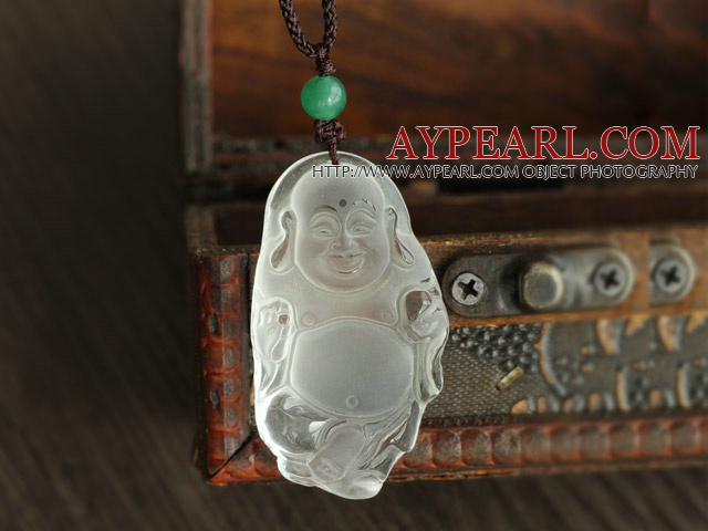 Classic Dull-Polished White Crystal Buddhu Pendant Necklace With Green Agate (Adjustable Cords)