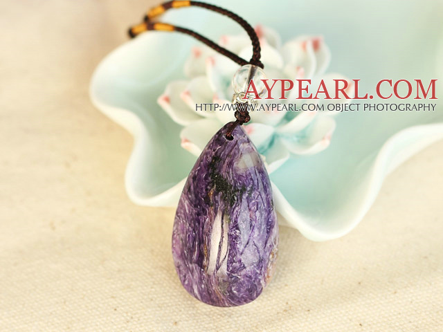 Classic Drop Shape Charoite And White Crystal Pendant Necklace With Suede Adjustable Cords