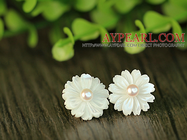 Fashion White Pearl And Shell Flower Sterling Silver Studs Eearrings