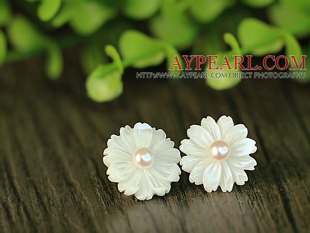 Mode vit pärla och skal blomma Sterling Silver Studs Eearrings