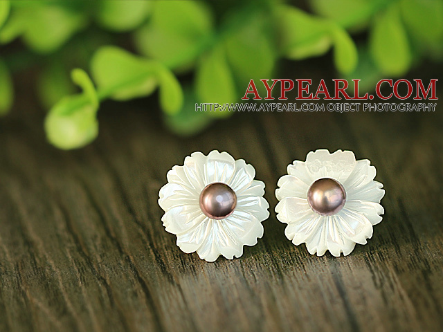 Mode pärla och vita skal blomma Studs Eearrings med sterling silver tillbehör