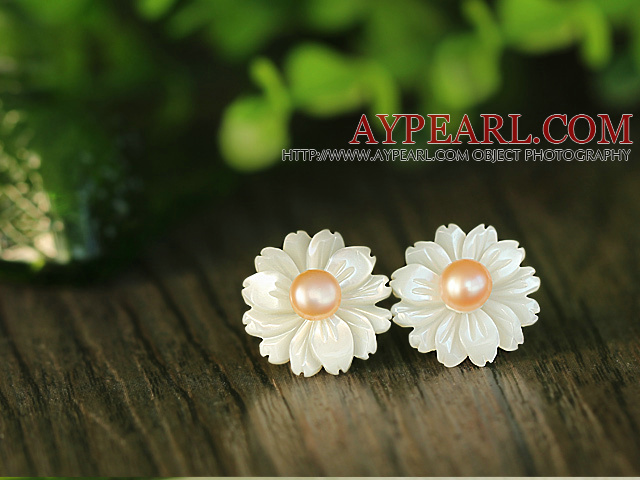 Fashion Pink Pearl and White Shell Flower Studs Eearrings With Sterling Silver Accessories