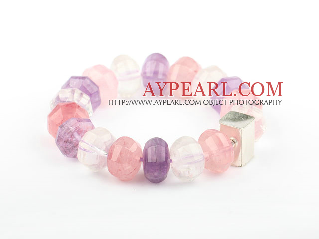 Pink serien Naturlig Rosenkvarts og Ametyst og Clear Crystal Elastisk Bangle Bracelet med Thailand Silver Accessory