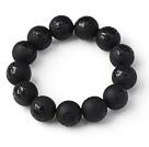 Fashion Natural Dull-Polish Black Agate With Engraved Buddhu Lotus Rosary Beads Bracelet For Man