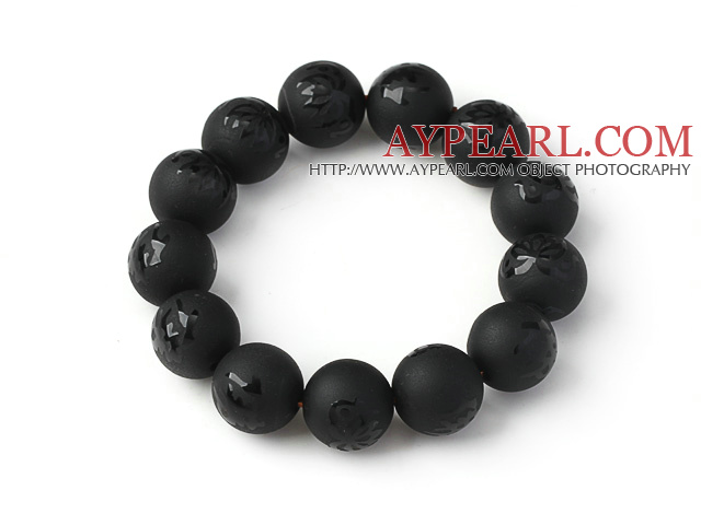 Fashion Natural Dull-Polish Black Agate With Engraved Buddhu Lotus Rosary Beads Bracelet For Man