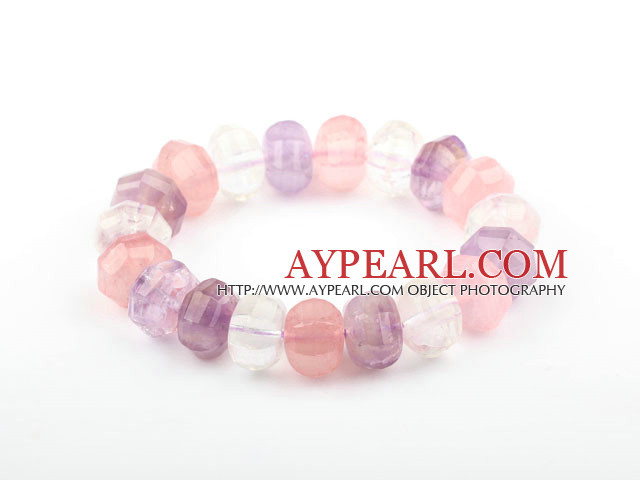 Pink Series Natural Rose Quartz and Amethyst and Clear Crystal Elastic Bangle Bracelet