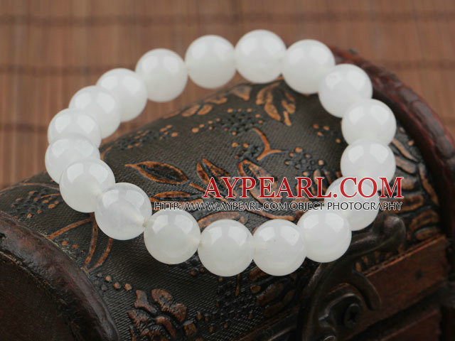 10mm Round Indonesia Hvit Jade Elastic Bangle Bracelet