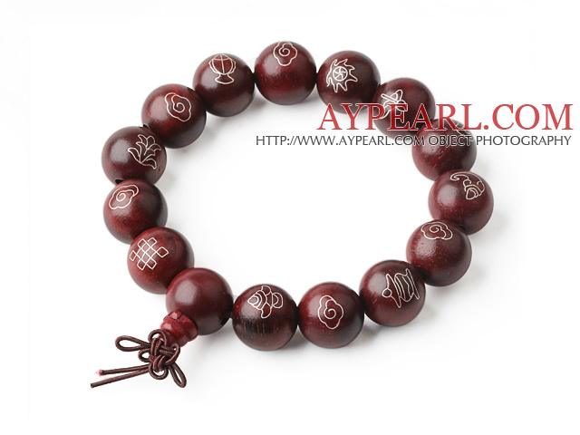 Fashion Natural Laos Rosewood Rosary perler armbånd med gravert kinesiske Lucky Words