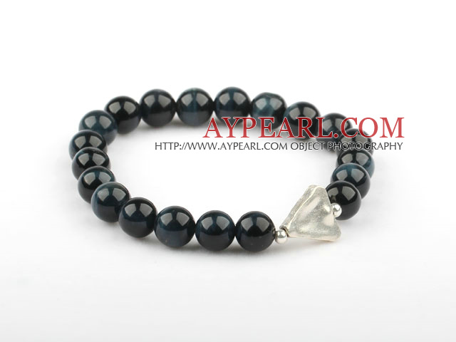 Ronde 8mm Natural Blue Tiger Eye Bracelet élastique avec forme trangulaire Thaïlande Accessoire Argent