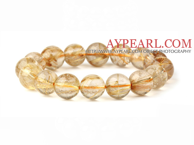 Mode Natural Round Gold Rutilated Quartz Beaded Stretch Bracelet ( olika storlekar kan vara tillgängliga )