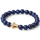 Wonderful 8mm Round Lapis Stone Beaded Stretch Bangle Bracelet With Gold Plated And Inlayed Zircon Cross