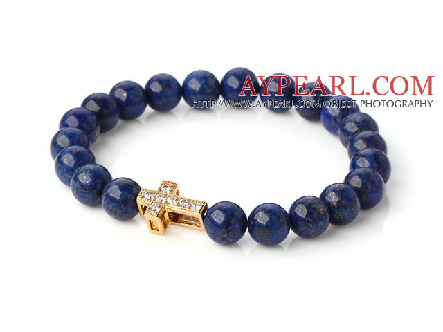 Wonderful 8mm Round Lapis Stone Beaded Stretch Bangle Bracelet With Gold Plated And Inlayed Zircon Cross
