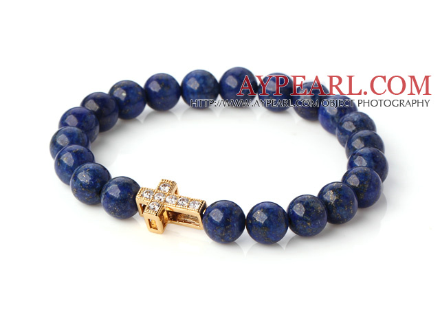 Wonderful 8mm Round Lapis Stone Beaded Stretch Bangle armbånd med gullbelagt Og Inlayed Zirkon Cross