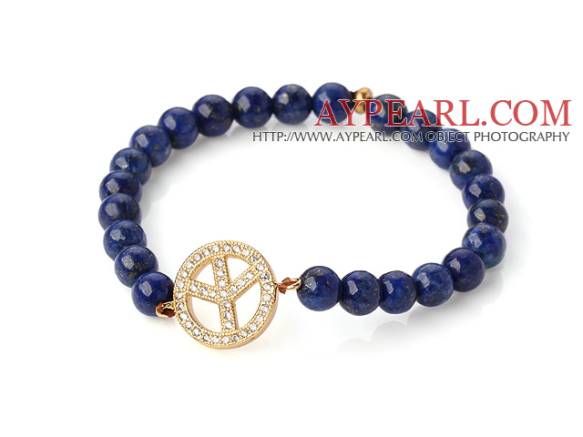 Fashion Round Lapis Stone Beaded Stretch Bangle Bracelet With Gold Plated And Inlayed Zircon Circular Ring