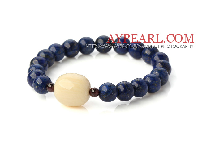 Fashion Round Lapis Ivory Nut And Garnet Beaded Stretch Bangle Bracelet