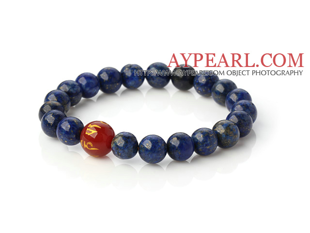 Beautiful Round Lapis And Printed Red Agate Beaded Stretch Bangle Bracelet