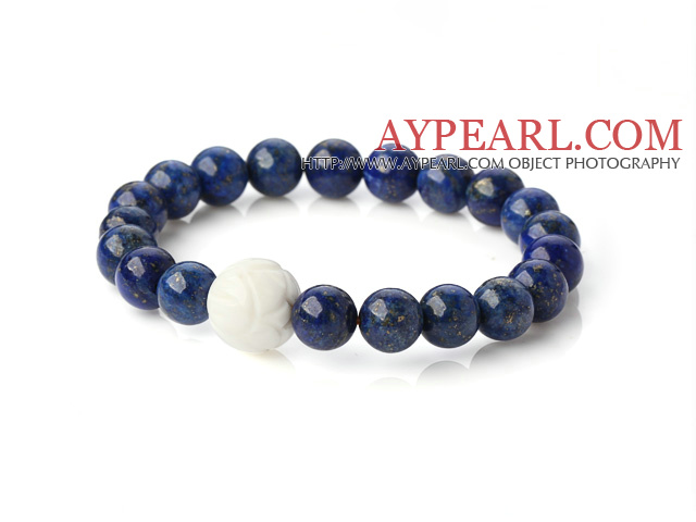 Beautiful Round Lapis And Lotus White Shell Beads Stretch Bangle Bracelet