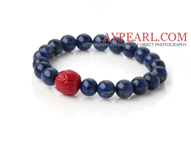 Beautiful Round Lapis And Red Lotus Beads Stretch Bangle Bracelet