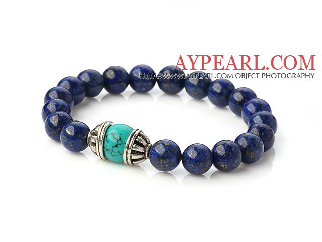 Όμορφη 8 -10mm Round Lapis και πράσινο Τυρκουάζ Beaded Stretch βραχιόλι βαρύ βραχιόλι