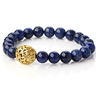 Fashion 8mm Round Lapis Stone Beaded Stretch Bangle Bracelet With Hollow Golden Ball