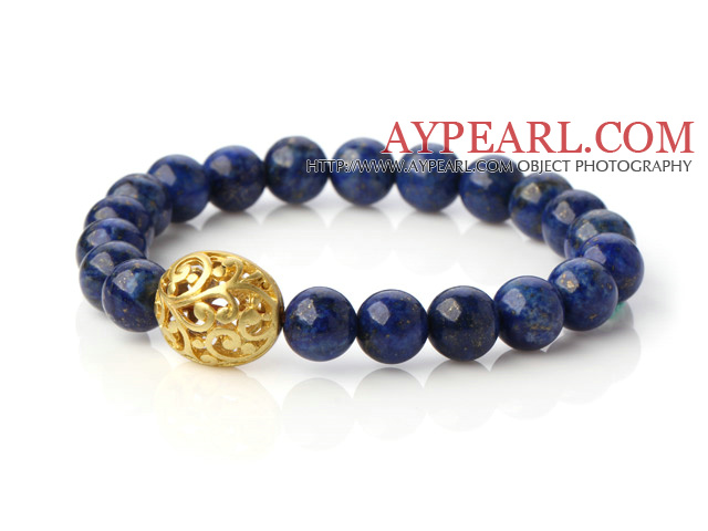 8mm de mode ronde Lapis pierre perlée stretch bracelet de bracelet avec la boule creuse d'or