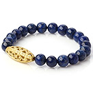 Fashion 8mm Round Lapis Stone Beaded Stretch Bangle Bracelet With Hollow Golden Ball