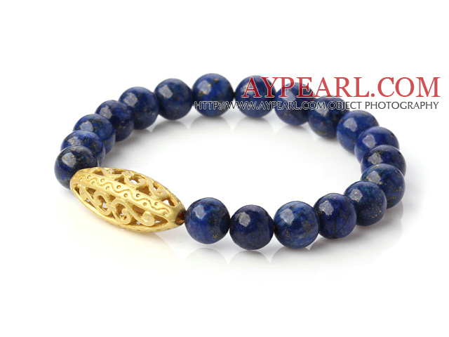 Fashion 8mm Round Lapis Stone Beaded Stretch Bangle Bracelet With Hollow Golden Ball