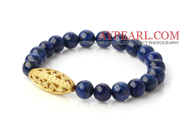 Mode 8mm Runda Lapis Sten Beaded Stretch ARMRING armband med Hollow Golden Ball