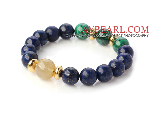 Fashion Round Lapis Malachite And Gold Rutilated Quartz Beads Stretch Bangle Bracelet With Golden Spacers