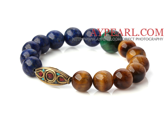 Fashion Round Lapis And Double Color Tiger Eye Stretch Bangle Bracelet With Tibetan Type Beads