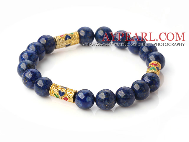 Fashion Runde Lapis Beaded Stretch Bangle armbånd med Gylne Cloisonne Ornamenter