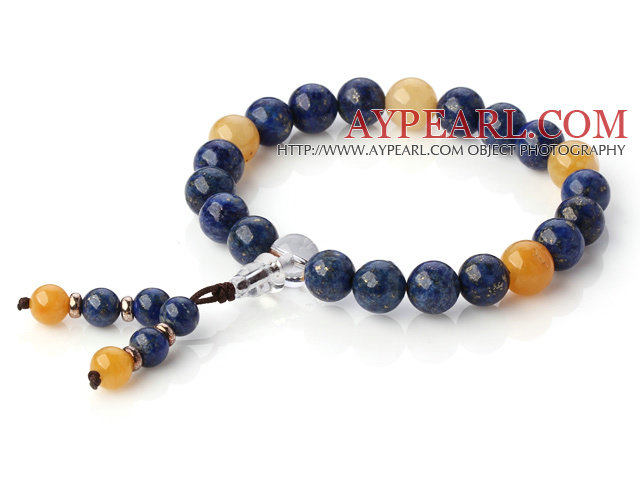 Fashion Round Lapis And Yellow Jade Beaded Stretch Bracelet With White Crystal Buddha Head