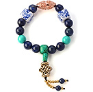 Fashion Round Lapis Green Turquoise And Porcelain Beads Stretch Bracelet With Copper Charm Accessories