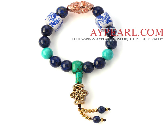 Fashion Round Lapis Green Turquoise And Porcelain Beads Stretch Bracelet With Copper Charm Accessories