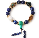 Fashion Round Lapis Green Turquoise And Tiger Eye White Shell Beads Stretch Bracelet With Tibetan Charms