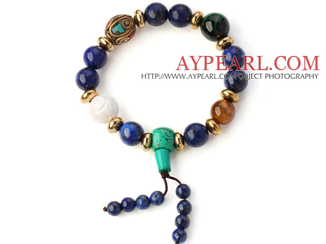 Fashion Round Lapis Green Turquoise And Tiger Eye White Shell Beads Stretch Bracelet With Tibetan Charms