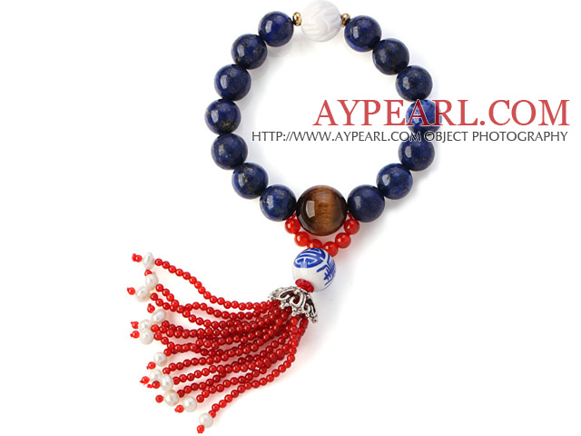 Fashion Round Lapis Tiger Eye And Lotus White Shell Beads Stretch Bracelet With Red Agate Tassels