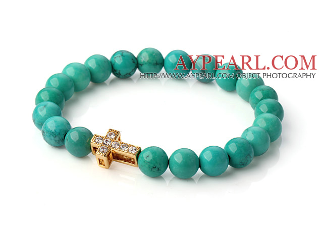 Populaire rond vert turquoise perlée Bracelet extensible avec plaqué or et incrusté Zircon Croix