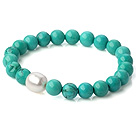 Popular Round Xinjiang Green Turquoise And Natural White Pearl Beaded Stretch Bracelet