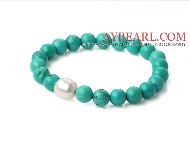 Popular Round Xinjiang Green Turquoise And Natural White Pearl Beaded Stretch Bracelet