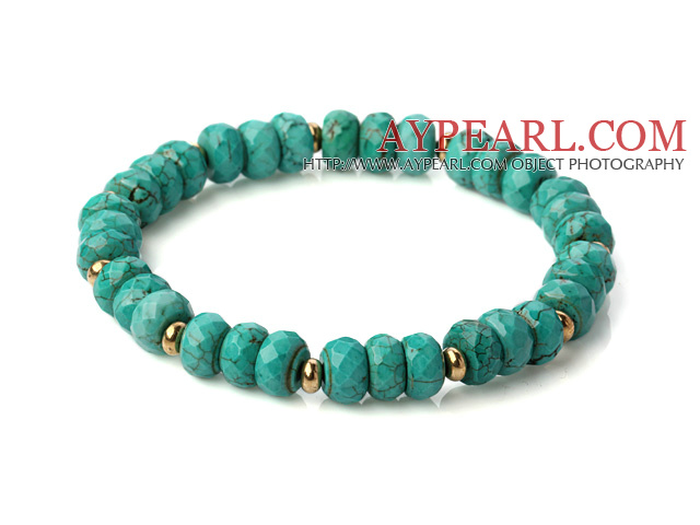 Nice Faceted Xinjiang Green Turquoise Beaded Stretch Bracelet With Copper Spacers