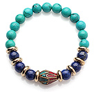 Fashion Round Xinjiang Green Turquoise And Lapis Beads Stretch Bracelet With Tibetan Charms