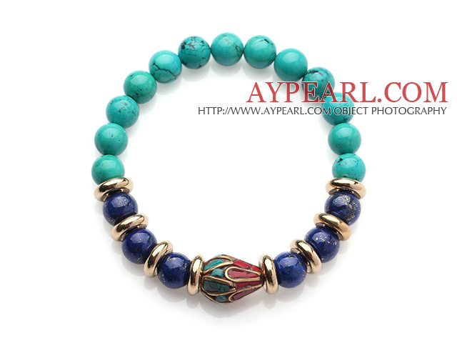 Fashion Round Xinjiang Green Turquoise And Lapis Beads Stretch Bracelet With Tibetan Charms