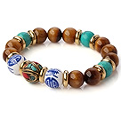 Popular Round Xinjiang Green Turquoise Tiger Eye And Porcelain Beads Stretch Bracelet With Tibetan Charm